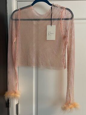 Iridescent Pink Mesh Long Sleeve Crop Top